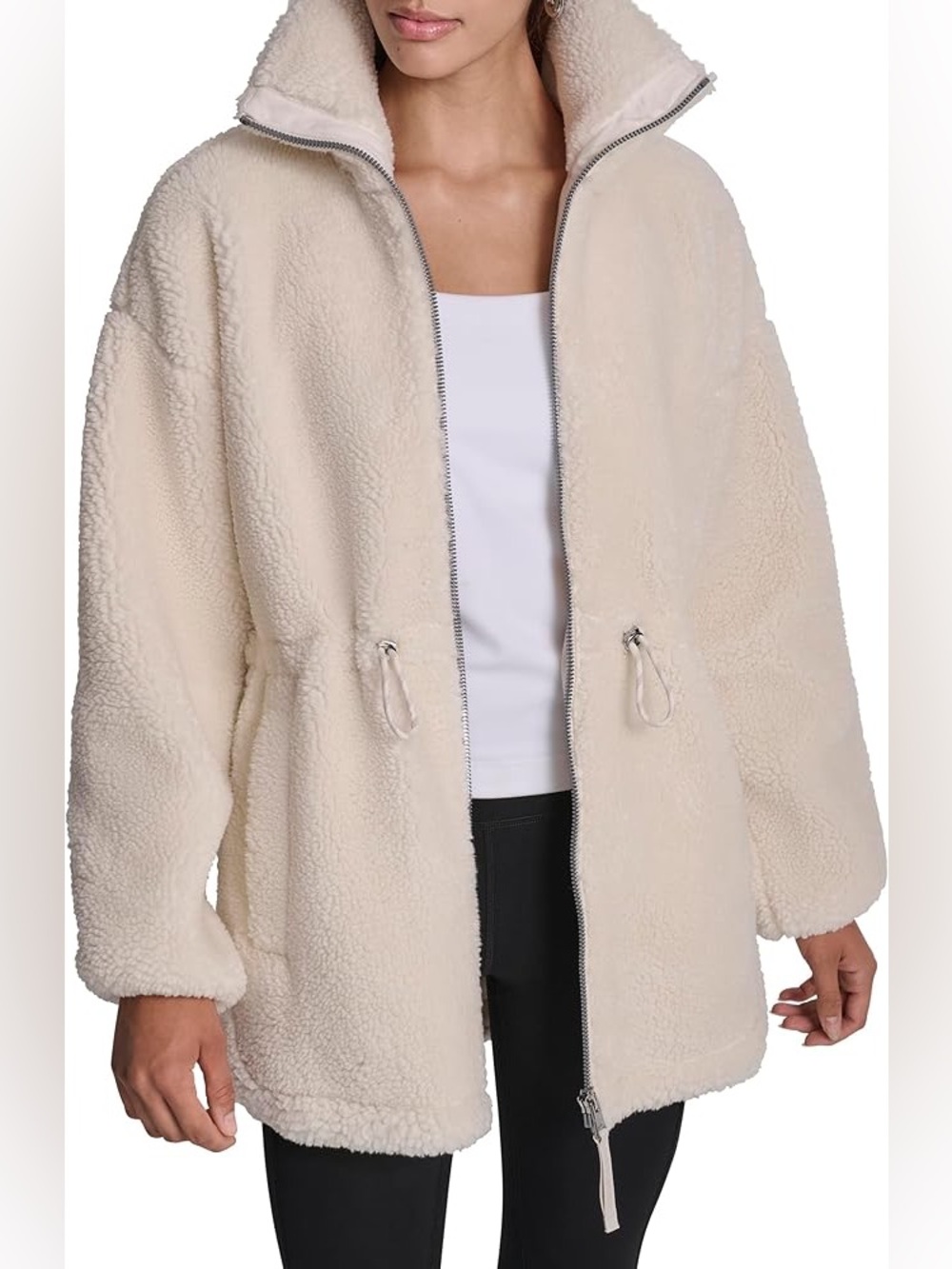 NWT DKNY Women's Sherpa Mock Neck Curved Hem Jacket L